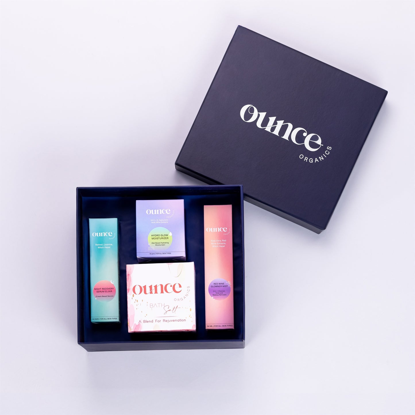 Set of skincare products in a 'Once Organics' box on a white background
